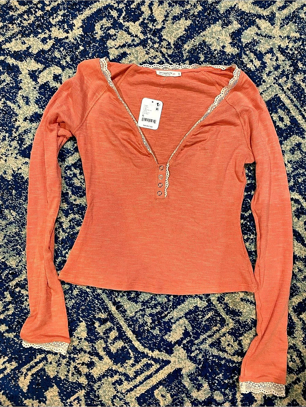 Intimately Free People Long Sleeve Lace Trim Top in Crush Blush Size Medium NWT